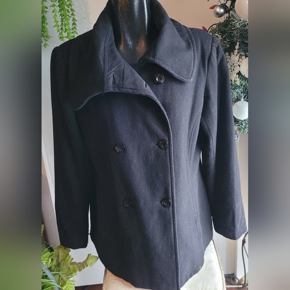 Tower by London Fog Black Wool Blend Mid Length Pea Coat L - Picture 2 of 8